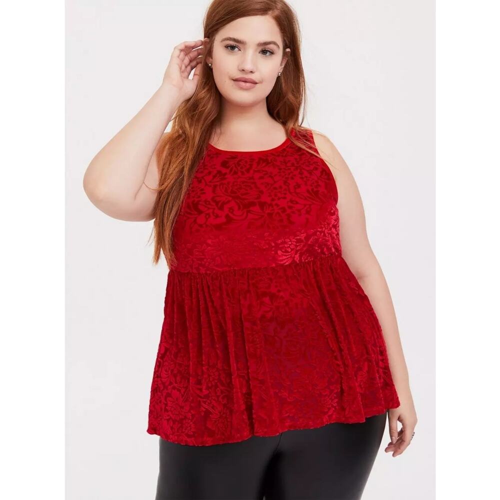 Torrid Velvet Burnout Peplum Top Womens 3X Red Floral Babydoll Whimsigoth Tank